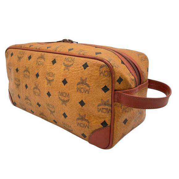 MCM Vintage Visetos Monogram Canvas Toiletry Barrel Bag Nappa Leather Trim - Picture 3 of 16